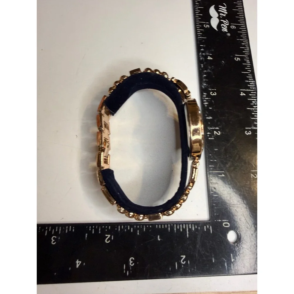 Belle & Rose Gold Tone Rhinestone Bezel Quartz Watch Fleur-de-Lis Dial